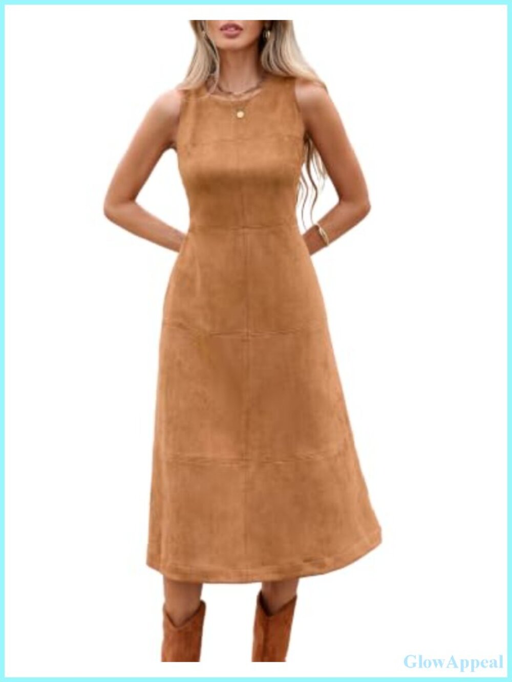 Faux Suede Midi Sheath Dress Sleeveless Back Zipper Side Pockets